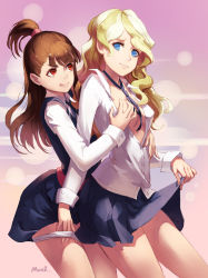 Rule 34 | 10s, 2girls, artist name, blonde hair, blue eyes, blue skirt, grabbing another&#039;s breast, breasts, brown hair, clothes lift, diana cavendish, grabbing, kagari atsuko, licking lips, little witch academia, long hair, mool yueguang, multiple girls, red eyes, school uniform, skirt, skirt lift, small breasts, tongue, tongue out, unbuttoned, witch, yuri