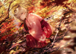 Rule 34 | 1girl, absurdres, animal, arm guards, autumn leaves, blurry, blurry foreground, boots, bow, branch, brown bow, brown eyes, brown footwear, brown hair, bug, butterfly, closed mouth, commentary request, depth of field, dutch angle, fate/grand order, fate (series), frog, hair between eyes, hair bow, hakama, hakama skirt, hand up, high heel boots, high heels, highres, insect, japanese clothes, junpaku karen, katana, kimono, koha-ace, long sleeves, okita souji (fate), okita souji (koha-ace), pink kimono, rain, red hakama, shallow water, skirt, smile, solo, squatting, sword, water, weapon, wide sleeves