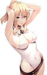 1girl, 3:, amagimei, armpits, arms behind head, bangs, bare arms, belt, blonde hair, blue eyes, blush, breasts, cleavage, closed mouth, covered navel, cowboy shot, detached collar, eyebrows visible through hair, frown, genshin impact, highres, jean gunnhildr (genshin impact), large breasts, leotard, looking away, looking down, sidelocks, solo, strapless, strapless leotard, white leotard
