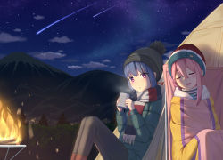 Rule 34 | 2girls, :o, abwan, beanie, black headwear, black legwear, blue hair, blue jacket, blush, brown footwear, burning, campfire, closed eyes, cloud, commentary, drooling, falling star, feet out of frame, fire, fringe trim, hair between eyes, hat, highres, jacket, kagamihara nadeshiko, knees up, long sleeves, mountain, multiple girls, night, night sky, open mouth, outdoors, pantyhose, parted lips, pink hair, purple eyes, red headwear, saliva, scarf, shima rin, sitting, sky, sleeping, star (sky), starry sky, striped, symbol-only commentary, tent, yurucamp
