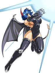 Rule 34 | 1990s (style), 1girl, blue hair, blush, breasts, cleavage, covered erect nipples, curvy, demon girl, energy, feet, female focus, fushisha o, highres, horns, large breasts, magic, monster farm, monster girl, open mouth, pixie (monster farm), pointy ears, poison (monster farm), red eyes, retro artstyle, shiny skin, short hair, sideboob, simple background, solo, tail, thick thighs, thighs, wide hips, wings