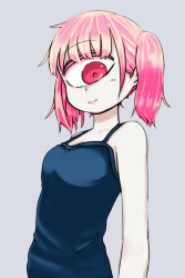 Rule 34 | 1girl, bare arms, bare shoulders, blue camisole, camisole, closed mouth, cyclops, grey background, kuronyankokko, looking at viewer, one-eyed, original, pink hair, red eyes, short hair, simple background, smile, solo, twintails, upper body