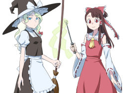 Rule 34 | 2girls, :/, apron, arm at side, ascot, black dress, black headwear, blue eyes, blunt ends, bow, breasts, broom, closed mouth, collar, collared dress, cosplay, detached sleeves, diana cavendish, dress, dress shirt, feet out of frame, flipped hair, frilled apron, frilled bow, frilled collar, frilled hair tubes, frilled hat, frilled ribbon, frills, hair bow, hair ornament, hair tubes, hakurei reimu, hakurei reimu (cosplay), hand up, hat, hat bow, hat ribbon, holding, holding broom, holding wand, kagari atsuko, kirisame marisa, kirisame marisa (cosplay), light green hair, little witch academia, long hair, looking at viewer, multicolored clothes, multicolored dress, multicolored hair, multiple girls, no pupils, parted bangs, puffy short sleeves, puffy sleeves, red bow, red dress, red ribbon, ribbon, ribbon-trimmed sleeves, ribbon trim, satochi, shirt, short sleeves, simple background, single sidelock, sleeveless, sleeveless dress, small breasts, straight hair, tareme, touhou, tsurime, two-tone hair, waist apron, wand, wavy hair, white apron, white background, white bow, white dress, white ribbon, white shirt, wide sleeves, witch hat, yellow ascot
