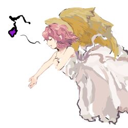 Rule 34 | 1girl, character request, closed eyes, commentary request, copyright request, dress, dress ribbon, hand on own chest, highres, kaigen 1025, music, musical note, open mouth, outstretched arm, pink hair, ribbon, simple background, singing, sleeveless, sleeveless dress, white background, white dress, white ribbon, wings, yellow wings