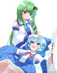 Rule 34 | 2girls, absurdres, blue bow, blue eyes, blue hair, blue shirt, bow, cirno, commentary request, cosplay, detached sleeves, frog, frog hair ornament, frozen frog, gohei, green eyes, green hair, hair bow, hair ornament, hair tubes, highres, holding, kochiya sanae, kochiya sanae (cosplay), long hair, looking at another, mikan (manmarumikan), multiple girls, shirt, short hair, sidelocks, simple background, snake hair ornament, touhou, white background, wide sleeves