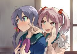 Rule 34 | 10s, 2girls, :3, ahoge, akebono (kancolle), animal, animal on shoulder, bell, blush, box, cardigan, cheek poking, female focus, finger to cheek, flower, gift, gift box, hair bell, hair bobbles, hair flower, hair intakes, hair ornament, has bad revision, has downscaled revision, heart, hinami (hinatamizu), holding, holding gift, kantai collection, long hair, long sleeves, md5 mismatch, multiple girls, open mouth, pink eyes, pink hair, poking, purple eyes, purple hair, rabbit, resolution mismatch, ribbon, sazanami (kancolle), school uniform, serafuku, side ponytail, smile, source smaller, twintails, upper body, valentine, window, yuri