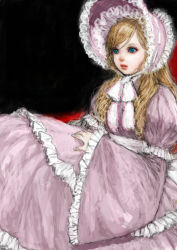 Rule 34 | 1girl, bad id, bad pixiv id, blonde hair, blue eyes, bonnet, dress, frilled dress, frilled sleeves, frills, lips, lolita fashion, long hair, parted lips, pink dress, ponsuke (pon00000), solo, wide sleeves