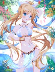 Rule 34 | 1girl, absurdres, air (visual novel), alternate costume, blonde hair, blue eyes, blush, breasts, cameltoe, cleavage, dancer, harem outfit, highres, kamio misuzu, large breasts, leaf, long hair, looking at viewer, navel, ponytail, shinbarian, solo, standing, star (symbol), veil
