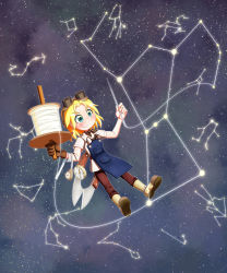 Rule 34 | 1girl, absurdres, aquarius (constellation), aries (constellation), blonde hair, boots, brown footwear, brown gloves, cancer (constellation), capricorn (constellation), commentary request, compass, constellation, earrings, eyes visible through hair, gemini (constellation), gloves, goggles, goggles on head, green eyes, highres, holding, holding needle, jewelry, leo (constellation), libra (constellation), neckerchief, needle, original, pisces (constellation), rakugaki-biyori, sagittarius (constellation), scorpius (constellation), sewing needle, single glove, smile, solo, space, spool, star (sky), star (symbol), star earrings, tape measure, taurus (constellation), thread, virgo (constellation)