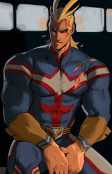 Rule 34 | 1boy, abs, absurdres, all might, bara, biceps, black eyes, blonde hair, blood, blood on face, blue pupils, blurry, blurry background, bodysuit, boku no hero academia, freesilverwind, gauntlets, highres, holding hands, injury, large pectorals, leather, leather belt, looking to the side, male focus, manly, mature male, muscular, muscular male, pectorals, sitting, solo, spiked hair, teeth, thick arms, thick eyebrows, tight clothes, torn clothes