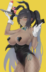 Rule 34 | 1girl, 5moreyears, absurdres, animal ears, arms up, bare shoulders, black hair, black leotard, blue archive, blush, breasts, breasts out, condom, condom packet strip, condom wrapper, covered erect nipples, cowboy shot, dark-skinned female, dark skin, detached collar, fake animal ears, fishnet legwear, fishnets, gloves, heart pasties, highleg, highleg leotard, highres, karin (blue archive), karin (bunny) (blue archive), large breasts, leotard, leotard pull, logo parody, long hair, looking at viewer, lotion bottle, pasties, playboy bunny, ponytail, rabbit ears, revision, sidelocks, solo, thighs, tray, white gloves, yellow background, yellow eyes