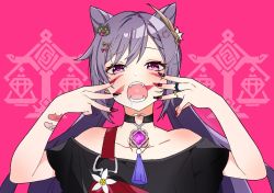Rule 34 | 1girl, animal (vocaloid), bandaid, bandaid on arm, bare shoulders, black nails, black shirt, blush, bow, cat, cat hair ornament, choker, collarbone, drooling, facial mark, fangs, flower, genshin impact, hair bow, hair ornament, hairclip, half-closed eyes, heart, heart choker, keqing (genshin impact), nail polish, off shoulder, open mouth, pink background, purple eyes, purple hair, red nails, shirt, simple background, solo, twintails, vision (genshin impact), vocaloid, zefw4852