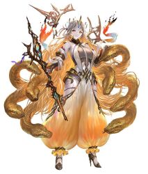 Rule 34 | 1girl, bare shoulders, blonde hair, bodysuit, breasts, clothing cutout, detached sleeves, fire emblem, fire emblem heroes, full body, gold trim, gradient clothes, grey bodysuit, grey hair, gullveig (fire emblem), gullveig (seer beyond time) (fire emblem), horns, large breasts, long hair, long sleeves, looking at viewer, multicolored hair, nintendo, official art, open pants, pale skin, pants, puffy pants, seidr (fire emblem), single horn, snake, snake hair, solo, thick thighs, thigh cutout, thigh strap, thighs, tight clothes, two-tone hair, very long hair, yellow eyes, yoshiku (oden-usagi)
