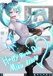 Rule 34 | 1girl, absurdres, blue eyes, blue hair, blue necktie, floating, floating hair, happy birthday, hatsune miku, headset, highres, holding, holding microphone, jaeng, leaning back, looking at viewer, microphone, necktie, open hand, open mouth, solo, twintails, vocaloid, windows desktop