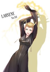 Rule 34 | 1girl, antenna hair, black coat (kingdom hearts), blonde hair, blue eyes, breasts, character name, gloves, gogo (detteiu de), green eyes, highres, kingdom hearts, kingdom hearts chain of memories, larxene, looking at viewer, organization xiii, short hair, simple background, smile, solo, white background