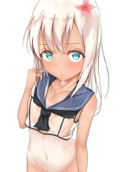 Rule 34 | 1girl, blue eyes, blush, bottomless, crop top, flower, haamon (harmon), hair between eyes, hair flower, hair ornament, highres, kantai collection, long hair, looking at viewer, navel, one-piece tan, out-of-frame censoring, partially undressed, ro-500 (kancolle), sailor collar, see-through, simple background, solo, tan, tanline, vipper captain, wet, wet clothes, white background, white hair