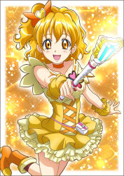 Rule 34 | 1girl, :d, blonde hair, boots, bow, choker, collarbone, cure pine, dress, earrings, fresh precure!, hair bow, hanzou, heart, heart earrings, highres, holding, jewelry, layered dress, leg up, magical girl, open mouth, orange bow, orange eyes, orange footwear, outstretched arm, precure, short dress, side ponytail, sleeveless, sleeveless dress, smile, solo, standing, standing on one leg, wrist cuffs, yamabuki inori, yellow dress