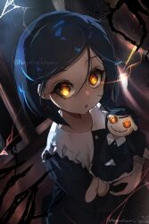 Rule 34 | 1girl, absurdres, black dress, black hair, button eyes, buttons, character doll, coraline, coraline jones, dress, highres, hugging doll, hugging object, looking at viewer, negativetabami, short hair, solo, yellow eyes