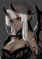 Rule 34 | 1girl, bba1985, breasts, brown eyes, cleavage, commentary request, dark skin, dark-skinned female, demon girl, demon wings, earrings, gloves, grey background, hair between eyes, hexagram, highres, horns, jewelry, large breasts, looking at viewer, oni horns, original, parted lips, partially fingerless gloves, pointy ears, short hair, short hair with long locks, sidelocks, signature, silver hair, simple background, solo, symbol-shaped pupils, upper body, wings