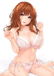 Rule 34 | 10s, 1girl, bare legs, barefoot, blunt bangs, blush, bra, breasts, brown eyes, brown hair, cleavage, fingernails, girls und panzer, hands up, harino646, head tilt, highres, large breasts, long hair, looking at viewer, navel, open mouth, panties, pink bra, pink panties, simple background, sitting, solo, stomach, takebe saori, underwear, underwear only, white background