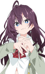 Rule 34 | 1girl, ahoge, blue eyes, bow, bowtie, brown hair, closed mouth, earrings, ichinose shiki, idolmaster, idolmaster cinderella girls, ixy, jewelry, long hair, long sleeves, looking at viewer, plaid, plaid bow, plaid bowtie, plaid neckwear, red bow, red bowtie, shirt, simple background, smile, solo, upper body, white background, white shirt