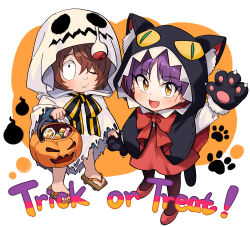 Rule 34 | . ., 1boy, 1girl, absurdres, aged down, alternate costume, animal hands, animal hood, brown hair, cat hood, cat paws, commentary request, english text, gegege no kitarou, ghost costume, hair over one eye, halloween, halloween bucket, halloween costume, highres, holding hands, hood, kitarou, looking at viewer, nekomusume, nekomusume (gegege no kitarou 6), one-eyed, pantyhose, purple hair, sandals, short hair, silanduqiaocui, smile, yellow eyes