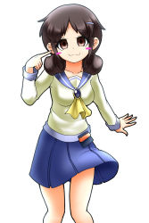 Rule 34 | 1girl, :3, blush stickers, brown eyes, brown hair, collarbone, corpse party, empty eyes, hair ornament, hairclip, highres, long sleeves, pointing, pointing at self, school uniform, serafuku, shan grila, shinohara seiko, shirt, simple background, skirt, solo, tareme, white background