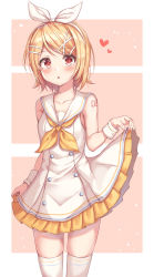 Rule 34 | 1girl, absurdres, alternate eye color, bare shoulders, blonde hair, blush, clothes lift, collarbone, commentary request, dress, dress lift, frills, hair ornament, hairband, hairclip, haneiro, heart, heart print, highres, kagamine rin, open mouth, red eyes, ribbon, short hair, sleeveless, sleeveless dress, solo, thighhighs, vocaloid, white dress, white hairband, white thighhighs