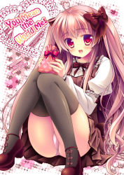 1girl :d ahoge bow cover cover_page english_text engrish_text female_focus hair_bow hair_ribbon long_hair looking_at_viewer mizuki_yuuma open_mouth original panties pantyshot pink_hair ranguage ribbon sitting smile solo underwear