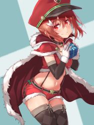 Rule 34 | 1girl, absurdres, bell, neck bell, blush, bow, cape, choker, christmas, elbow gloves, fur trim, gift, gloves, hair between eyes, hair ornament, hat, highres, holding, looking at viewer, michairu, midriff, navel, red eyes, red hair, shorts, smile, solo, star (symbol), suspenders, thighhighs, white gloves, yuuki yuuna, yuuki yuuna wa yuusha de aru, yuusha de aru, zettai ryouiki