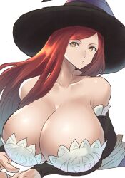 Rule 34 | 1girl, bare shoulders, breasts, chikoinochi, cleavage, collarbone, detached sleeves, dragon&#039;s crown, female focus, hat, highres, huge breasts, long hair, looking at viewer, red hair, solo, sorceress (dragon&#039;s crown), upper body, witch hat, yellow eyes