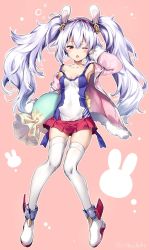 Rule 34 | 1girl, animal ears, armpits, azur lane, blush, breasts, collarbone, drowsy, fake animal ears, full body, headband, jacket, laffey (azur lane), light purple hair, looking at viewer, messy hair, one eye closed, open mouth, pillow, red eyes, riichu, shoes, simple background, sleepy, small breasts, solo, thighhighs, twintails, twitter username, white thighhighs
