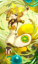Rule 34 | 1girl, animal ears, bare shoulders, bell, blonde hair, breasts, bridal gauntlets, cleavage, detached sleeves, duel monster, folding fan, foot out of frame, fox ears, fox tail, green eyes, green hair, hand fan, holding, holding fan, hu-li the jewel mikanko, ishii (young-moon), medium breasts, multicolored hair, nail polish, shoes, solo, spinning, streaked hair, tail, wide sleeves, yu-gi-oh!