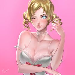 Rule 34 | 1girl, absurdres, artist name, blonde hair, blue eyes, blue nails, blush, bra, breasts, bustier, catherine, catherine (game), choker, cleavage, drill hair, eyelashes, eyeshadow, highres, lace, lace-trimmed bra, lace trim, lips, looking at viewer, makeup, medium breasts, mole, mole under mouth, nail polish, parted lips, pink background, ragecndy, solo, strap slip, twin drills, twintails, underwear, upper body