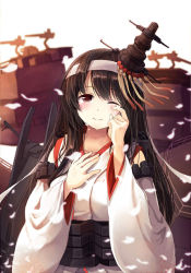 Rule 34 | 10s, 1girl, blush, detached sleeves, fusou (kancolle), hair ornament, hairband, hand on own chest, kantai collection, long hair, looking at viewer, machinery, niichi (komorebi-palette), nontraditional miko, one eye closed, petals, sleeveless, smile, solo, tears, upper body, wiping tears