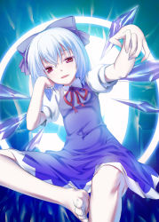 Rule 34 | 1girl, 47agdragon, barefoot, blue hair, bow, circled 9, cirno, dress, feet, female focus, gradient background, hair bow, highres, looking at viewer, red eyes, ribbon, short hair, sitting, solo, toes, touhou, wings