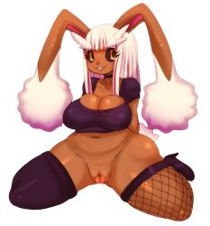 Rule 34 | 1girl, animal ears, arms behind back, asymmetrical legwear, black footwear, black legwear, black sclera, black shirt, bottomless, breasts, choker, cleavage, clitoris, collarbone, colored sclera, creatures (company), crop top, female focus, fishnet legwear, fishnets, full body, furry, furry female, game freak, gen 4 pokemon, high heels, large breasts, long hair, looking to the side, lopunny, mato spectoru, mismatched legwear, multicolored hair, navel, nintendo, no bra, pokemon, pokemon (creature), pokemon dppt, pussy, rabbit ears, rabbit tail, red hair, shirt, short sleeves, simple background, skindentation, smile, solo, spread legs, streaked hair, tail, teeth, two-tone hair, uncensored, white background, white hair