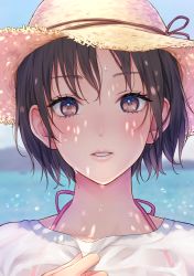 Rule 34 | 1girl, aimori meguru, black hair, blurry, blurry background, brown eyes, brown hat, commentary request, depth of field, hand up, hat, highres, looking at viewer, ocean, original, parted lips, see-through, shirt, short hair, solo, straw hat, summer, sweat, upper body, wet, wet clothes, wet shirt, white shirt