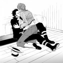 Rule 34 | 2boys, aged down, bed, boots, dracule mihawk, floor, hat, indoors, jewelry, kiss, male focus, monochrome, multiple boys, necklace, one piece, sandals, shanks (one piece), shirt, straw hat, striped clothes, striped shirt, unworn hat, unworn headwear, yaoi