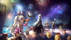 Rule 34 | &gt; &lt;, 4girls, aerial fireworks, ahoge, anger vein, animal, animal ear fluff, animal ears, apron, arm up, azur lane, bare shoulders, bird, black dress, black footwear, black jacket, black sleeves, blonde hair, blue eyes, bottle, camisole, cat ears, chick, closed eyes, collarbone, commentary request, detached sleeves, dress, drinking, eagle, eldridge (azur lane), electricity, enterprise (azur lane), facing away, fireworks, fishing, fishing line, fishing rod, flying, frilled dress, frills, hair between eyes, hairband, hammann (azur lane), hat, highres, holding, holding bottle, horizon, jacket, laffey (azur lane), long hair, long sleeves, manjuu (azur lane), miya (miyaruta), multiple girls, night, night sky, ocean, off shoulder, open clothes, open jacket, open mouth, outdoors, outstretched arm, pantyhose, peaked cap, pier, pink jacket, pleated skirt, puffy short sleeves, puffy sleeves, rabbit ears, red eyes, red hairband, red skirt, retrofit (azur lane), ship, shoes, short sleeves, silver hair, sitting, skirt, sky, skyline, sleeves past wrists, spoken anger vein, star (sky), starry sky, strapless, strapless dress, thighhighs, twintails, very long hair, waist apron, water, watercraft, white apron, white camisole, white headwear, white legwear, wrist cuffs