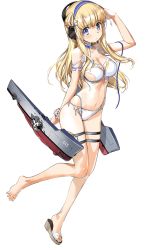 Rule 34 | 1girl, barefoot, bikini, blonde hair, blue eyes, blush, breasts, cleavage, closed mouth, collarbone, fletcher (kancolle), full body, hair rings, headphones, kantai collection, long hair, machinery, navel, official art, rigging, sandals, side bun, single sandal, skindentation, solo, swimsuit, thigh strap, torn bikini, torn clothes, transparent background, white bikini, zeco