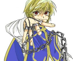 Rule 34 | 1other, androgynous, blonde hair, chain, hair between eyes, highres, hunter x hunter, jewelry, kurapika, long sleeves, looking at viewer, monster hunter (character), multiple rings, other focus, red eyes, ring, shirt, short hair, simple background, sio yori sato, solo, tabard, upper body, white background, white shirt