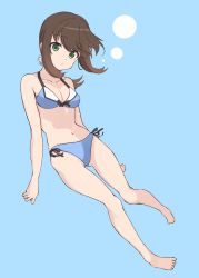 Rule 34 | 1girl, barefoot, bikini, black hair, blue background, blue bikini, breasts, cleavage, commentary request, fubuki (kancolle), full body, green eyes, highres, kantai collection, long hair, looking at viewer, low ponytail, minosu, ponytail, short ponytail, side-tie bikini bottom, sidelocks, small breasts, solo, swimsuit