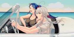 Rule 34 | 2girls, ^ ^, ahoge, alternate costume, alternate hairstyle, blue hair, breasts, car, cleavage, closed eyes, commentary, convertible, driving, eyewear on head, from side, green tank top, grey eyes, grey hair, highres, kantai collection, large breasts, left-hand drive, long hair, motor vehicle, multicolored hair, multiple girls, nidou, ponytail, puffy short sleeves, puffy sleeves, red hair, shirt, short sleeves, sidelocks, south dakota (kancolle), sunglasses, swept bangs, tank top, washington (kancolle), white hair, white shirt