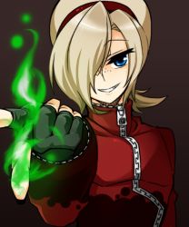 Rule 34 | 1boy, ash crimson, blonde hair, blue eyes, fingerless gloves, fire, freckles, gloves, green fire, grin, hair over one eye, hairband, male focus, puchi-pochi, pyrokinesis, smile, solo, the king of fighters, zipper