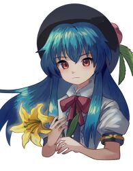 Rule 34 | 1girl, :|, black hat, blue hair, bow, bowtie, center frills, closed mouth, collared shirt, commentary, cropped torso, english commentary, fedora, flower, frills, hat, hinanawi tenshi, holding, holding flower, long hair, peach hat ornament, plus2sf, puffy short sleeves, puffy sleeves, red bow, red bowtie, red eyes, shirt, short sleeves, sidelocks, simple background, solo, touhou, white background, white shirt, yellow flower