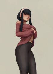 Rule 34 | 1girl, black hair, black leggings, black pants, blunt bangs, breasts, closed mouth, clothes lift, earrings, feet out of frame, gold earrings, grey background, hairband, highres, jewelry, kris null, leggings, lifting own clothes, lips, long hair, looking at viewer, medium breasts, navel, off-shoulder sweater, off shoulder, pants, pink hairband, red eyes, red sweater, sidelocks, simple background, sleeves past wrists, smile, solo, spy x family, sweater, sweater lift, yor briar