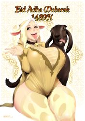 Rule 34 | 1girl, animal print, bell, blush, breasts, collar, cow print, curvy, goat, goat hood, goat tail, highres, hijab, huge breasts, looking at viewer, muslim, neck bell, nigaw, open mouth, original, saliva, see-through, simple background, sitting, smile, tail, thick thighs, thighhighs, thighs, tongue, tongue out, v, white background, wide hips
