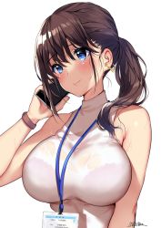 Rule 34 | 1girl, bare arms, bare shoulders, black bra, blue eyes, blush, bra, breasts, brown hair, cellphone, closed mouth, commentary request, earrings, holding, holding phone, id card, jewelry, large breasts, long hair, looking away, mataro (matarou), original, phone, see-through, shirt, signature, simple background, sleeveless, sleeveless shirt, smartphone, solo, sweat, twintails, underwear, upper body, white background, wristband