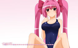 Rule 34 | 10s, 1girl, 2010, april, breasts, calendar, competition swimsuit, di gi charat, female focus, gradient background, hair intakes, hair ribbon, highres, long hair, one-piece swimsuit, pink hair, red eyes, ribbon, shiny clothes, simple background, sitting, smile, solo, spread legs, sugimura tomokazu, swimsuit, twintails, usada hikaru, very long hair, wallpaper